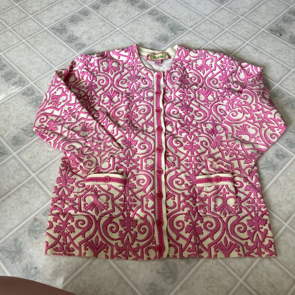 Lilly & Van Pink Yellow Floral Cardigan Medium Contrast Ribbon Trim Old Money